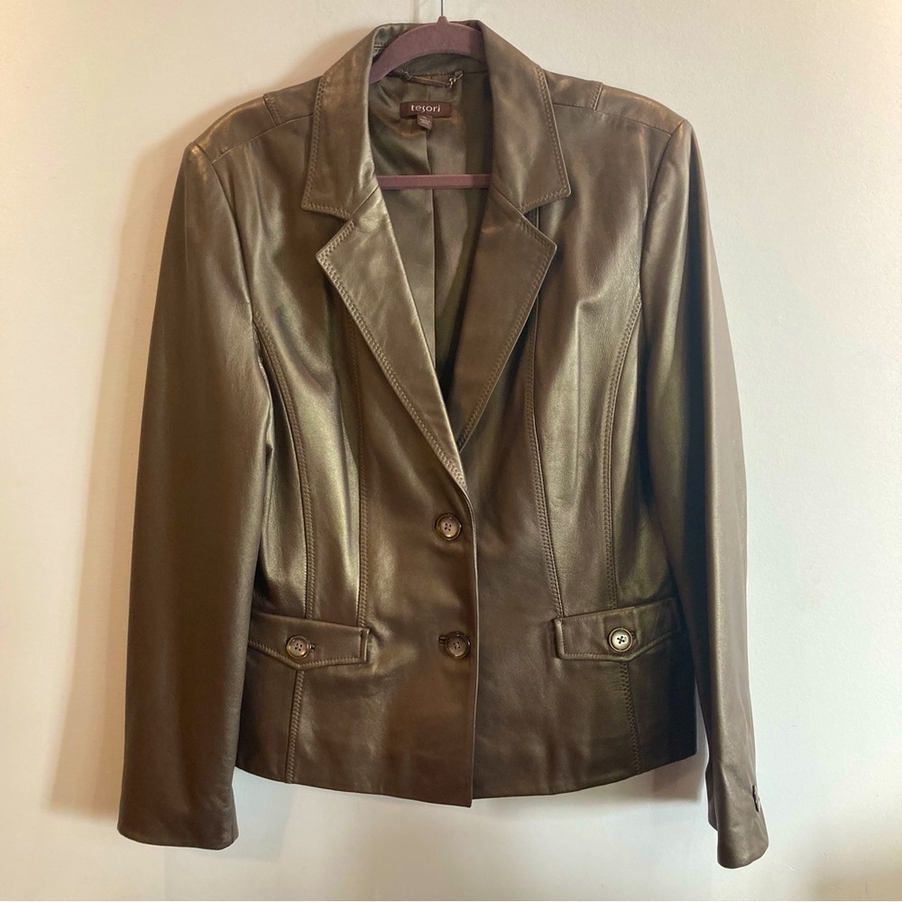 TESORI Sz XL Classic Cool Gold Pewter Classic Pockets Leather Statement Blazer